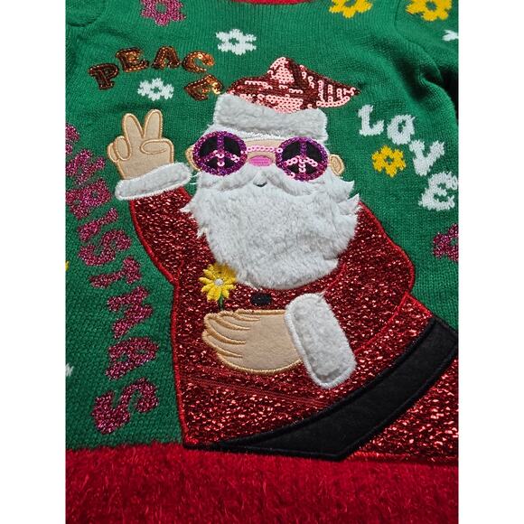 Girls Size 6 Hippie Santa Christmas Sweater Peace Love Flowers Groovy Hipster - Picture 3 of 5